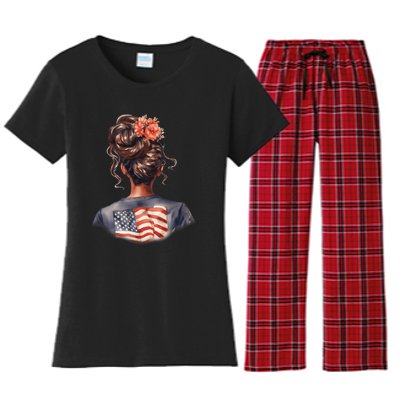 African American Messy Bun Girl USA Flag Watercolor Flowers Women's Flannel Pajama Set