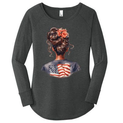 African American Messy Bun Girl USA Flag Watercolor Flowers Women's Perfect Tri Tunic Long Sleeve Shirt