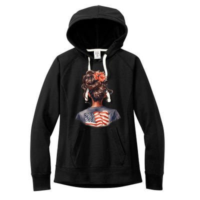 African American Messy Bun Girl USA Flag Watercolor Flowers Women's Fleece Hoodie