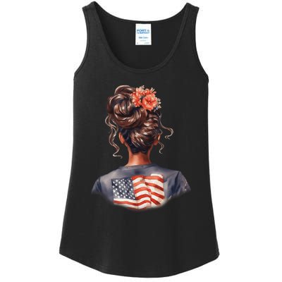 African American Messy Bun Girl USA Flag Watercolor Flowers Ladies Essential Tank