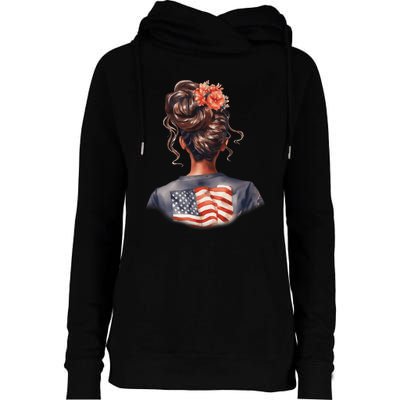 African American Messy Bun Girl USA Flag Watercolor Flowers Womens Funnel Neck Pullover Hood