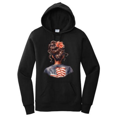 African American Messy Bun Girl USA Flag Watercolor Flowers Women's Pullover Hoodie