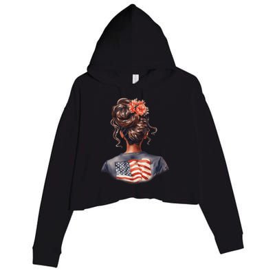 African American Messy Bun Girl USA Flag Watercolor Flowers Crop Fleece Hoodie