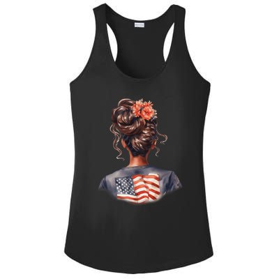 African American Messy Bun Girl USA Flag Watercolor Flowers Ladies PosiCharge Competitor Racerback Tank