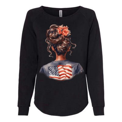 African American Messy Bun Girl USA Flag Watercolor Flowers Womens California Wash Sweatshirt