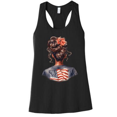 African American Messy Bun Girl USA Flag Watercolor Flowers Women's Racerback Tank