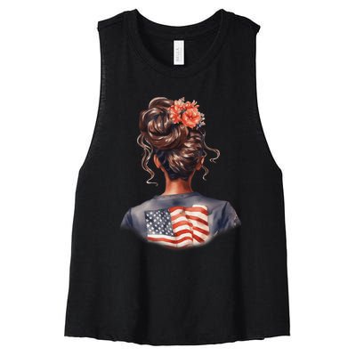 African American Messy Bun Girl USA Flag Watercolor Flowers Women's Racerback Cropped Tank