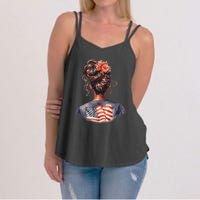 African American Messy Bun Girl USA Flag Watercolor Flowers Women's Strappy Tank