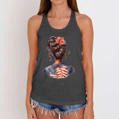 African American Messy Bun Girl USA Flag Watercolor Flowers Women's Knotted Racerback Tank