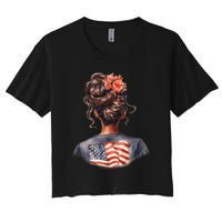 African American Messy Bun Girl USA Flag Watercolor Flowers Women's Crop Top Tee