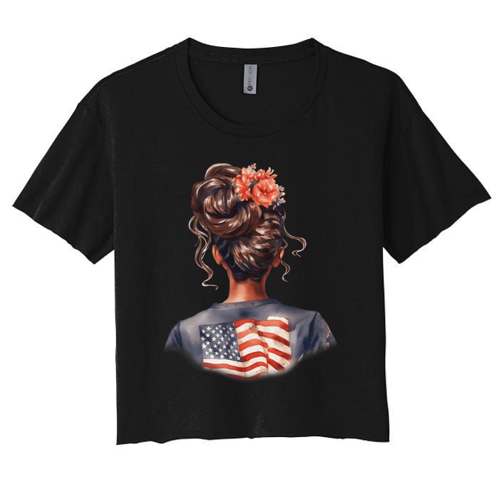 African American Messy Bun Girl USA Flag Watercolor Flowers Women's Crop Top Tee