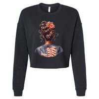 African American Messy Bun Girl USA Flag Watercolor Flowers Cropped Pullover Crew