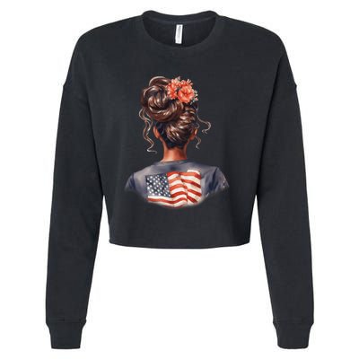 African American Messy Bun Girl USA Flag Watercolor Flowers Cropped Pullover Crew