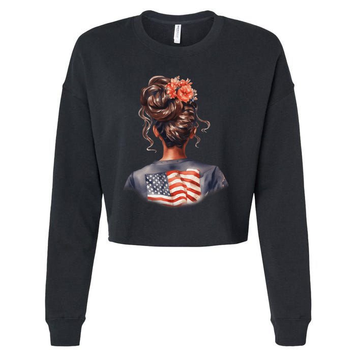 African American Messy Bun Girl USA Flag Watercolor Flowers Cropped Pullover Crew