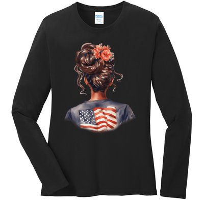 African American Messy Bun Girl USA Flag Watercolor Flowers Ladies Long Sleeve Shirt