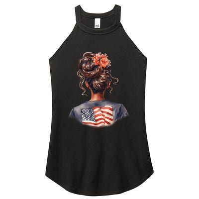 African American Messy Bun Girl USA Flag Watercolor Flowers Women's Perfect Tri Rocker Tank