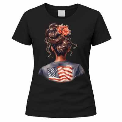 African American Messy Bun Girl USA Flag Watercolor Flowers Women's T-Shirt