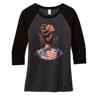 African American Messy Bun Girl USA Flag Watercolor Flowers Women's Tri-Blend 3/4-Sleeve Raglan Shirt