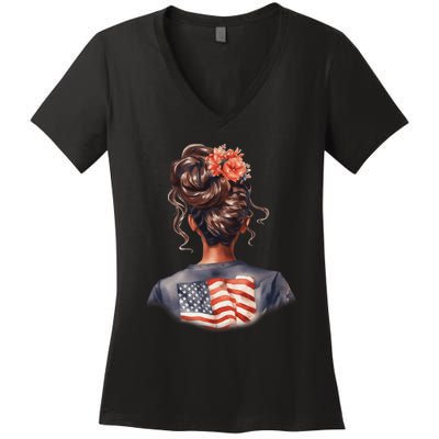 African American Messy Bun Girl USA Flag Watercolor Flowers Women's V-Neck T-Shirt