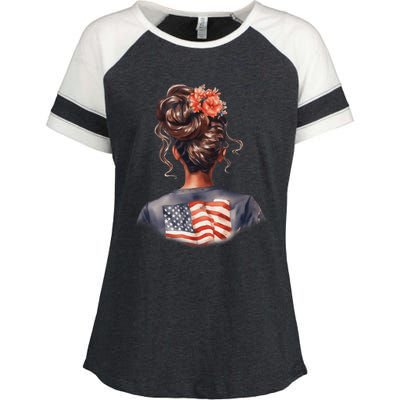 African American Messy Bun Girl USA Flag Watercolor Flowers Enza Ladies Jersey Colorblock Tee