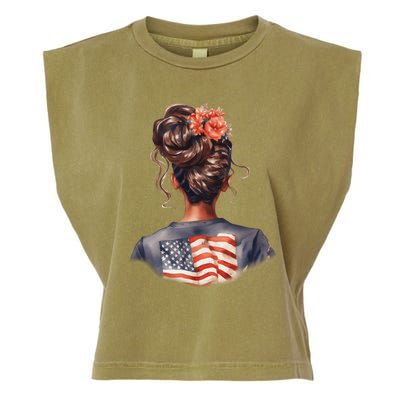 African American Messy Bun Girl USA Flag Watercolor Flowers Garment-Dyed Women's Muscle Tee