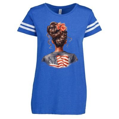 African American Messy Bun Girl USA Flag Watercolor Flowers Enza Ladies Jersey Football T-Shirt