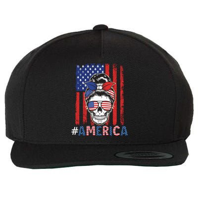 All American Mama Leopard Flag Messy Bun Skull Mom 4th July Great Gift Wool Snapback Cap