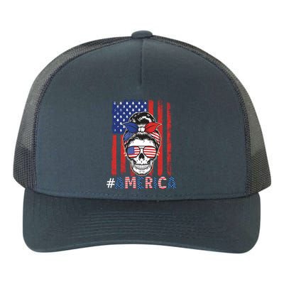 All American Mama Leopard Flag Messy Bun Skull Mom 4th July Great Gift Yupoong Adult 5-Panel Trucker Hat