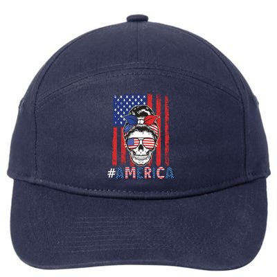 All American Mama Leopard Flag Messy Bun Skull Mom 4th July Great Gift 7-Panel Snapback Hat