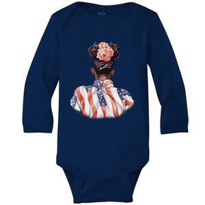 African American Messy Bun Woman USA Flag Flowers Baby Long Sleeve Bodysuit