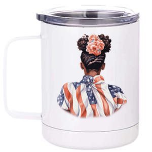 African American Messy Bun Woman USA Flag Flowers 12 oz Stainless Steel Tumbler Cup