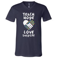 Autistic Awareness Month Teacher Teach Hope Love Autism Day V-Neck T-Shirt