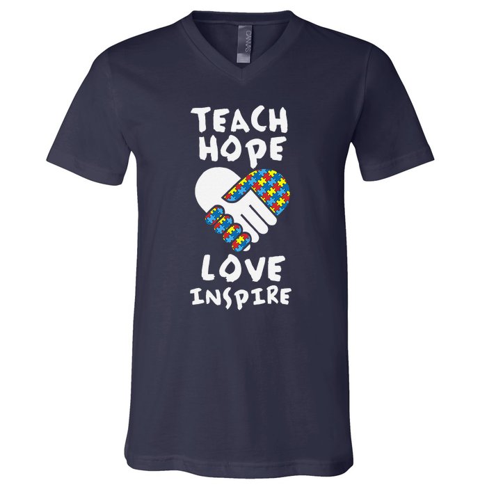 Autistic Awareness Month Teacher Teach Hope Love Autism Day V-Neck T-Shirt