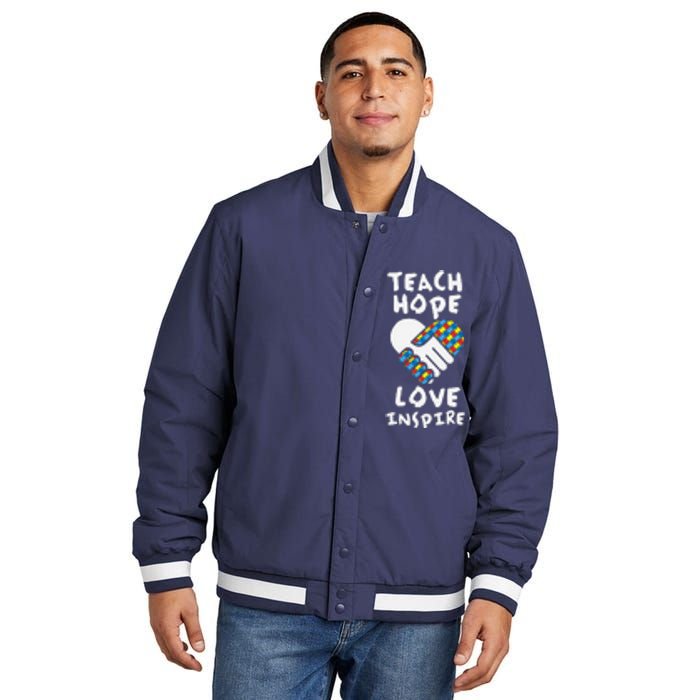 Autistic Awareness Month Teacher Teach Hope Love Autism Day Insulated Varsity Jacket