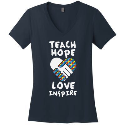 Autistic Awareness Month Teacher Teach Hope Love Autism Day Women's V-Neck T-Shirt