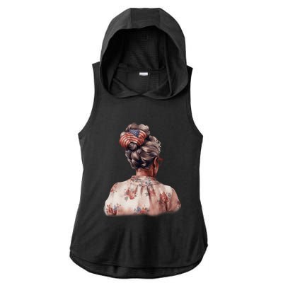 African American Messy Bun Old Lady USA Flag Flowers Ladies PosiCharge Tri-Blend Wicking Draft Hoodie Tank