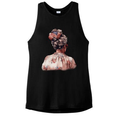 African American Messy Bun Old Lady USA Flag Flowers Ladies PosiCharge Tri-Blend Wicking Tank