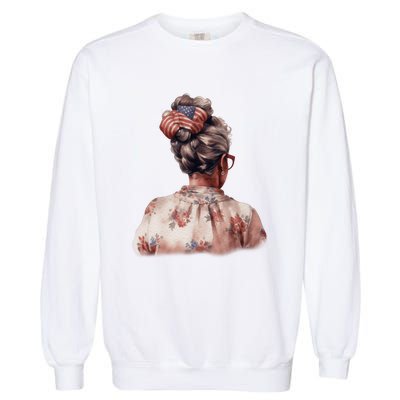 African American Messy Bun Old Lady USA Flag Flowers Garment-Dyed Sweatshirt