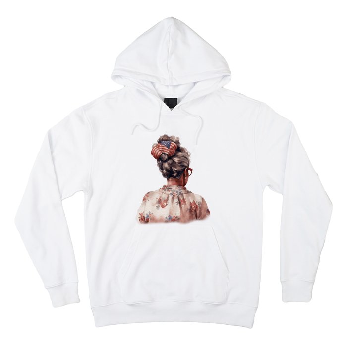 African American Messy Bun Old Lady USA Flag Flowers Hoodie