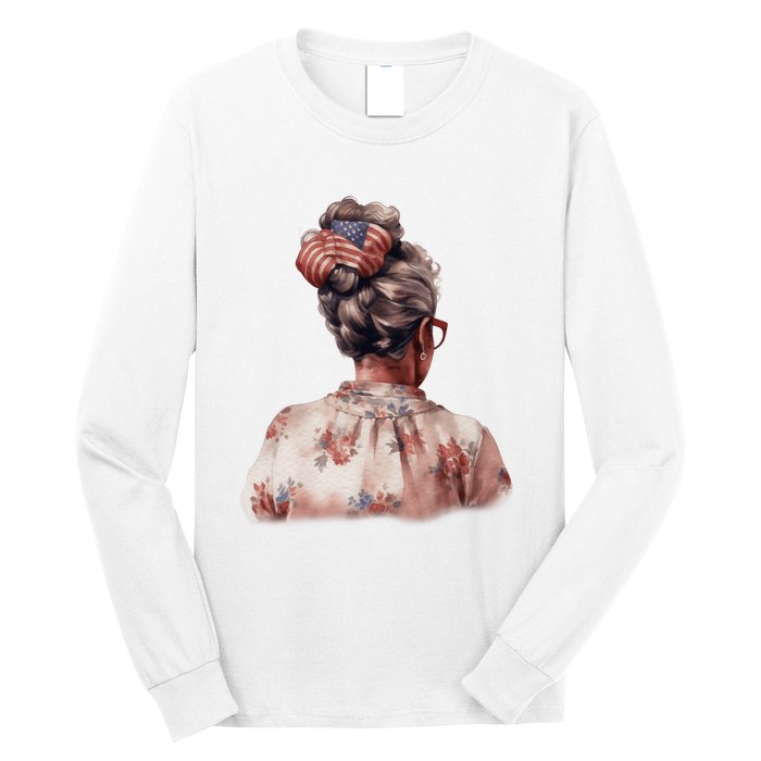 African American Messy Bun Old Lady USA Flag Flowers Long Sleeve Shirt