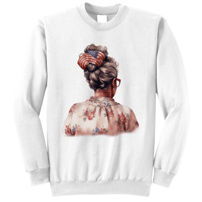 African American Messy Bun Old Lady USA Flag Flowers Sweatshirt