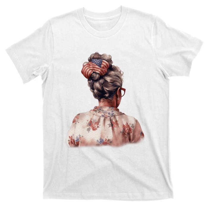 African American Messy Bun Old Lady USA Flag Flowers T-Shirt