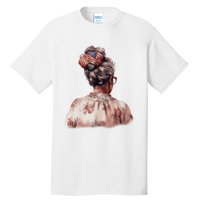 African American Messy Bun Old Lady USA Flag Flowers Tall T-Shirt