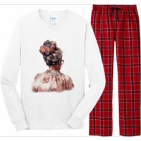 African American Messy Bun Old Lady USA Flag Flowers Long Sleeve Pajama Set