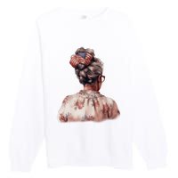 African American Messy Bun Old Lady USA Flag Flowers Premium Crewneck Sweatshirt