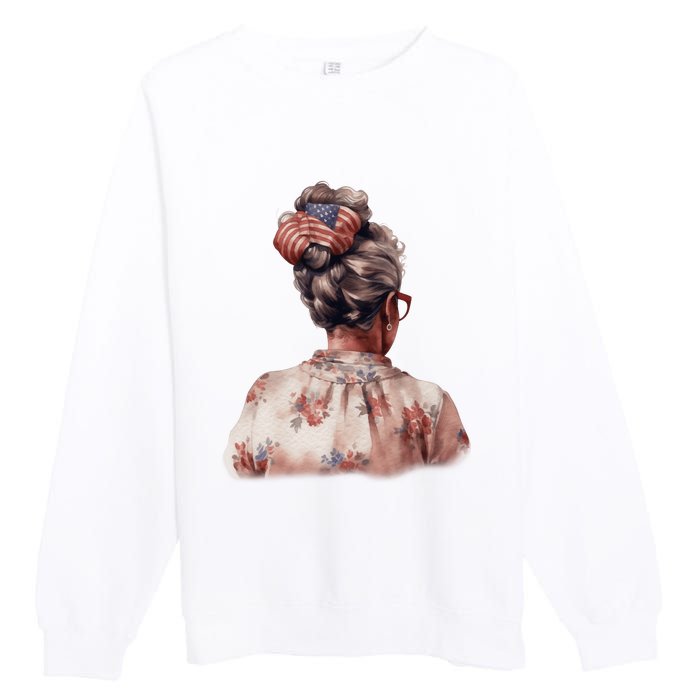 African American Messy Bun Old Lady USA Flag Flowers Premium Crewneck Sweatshirt