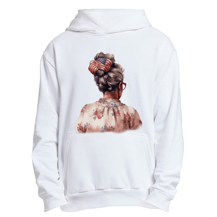 African American Messy Bun Old Lady USA Flag Flowers Urban Pullover Hoodie