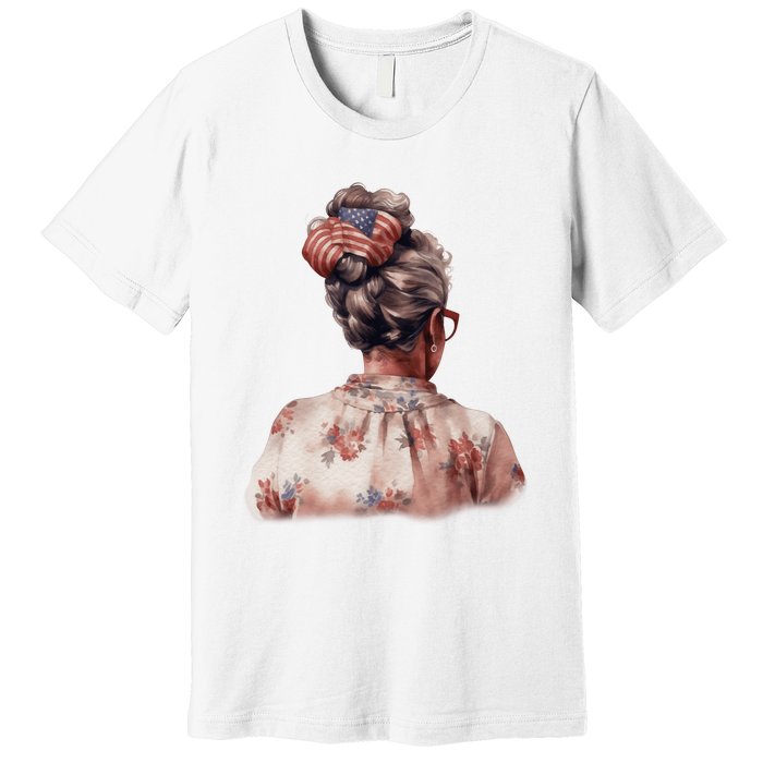 African American Messy Bun Old Lady USA Flag Flowers Premium T-Shirt