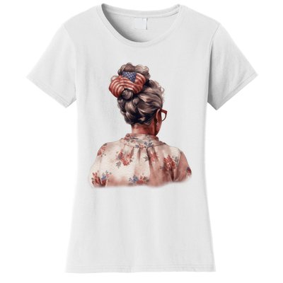 African American Messy Bun Old Lady USA Flag Flowers Women's T-Shirt