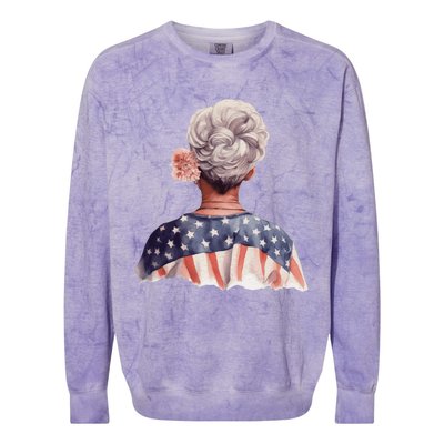 African American Messy Bun Old Lady USA Flag Flowers Colorblast Crewneck Sweatshirt